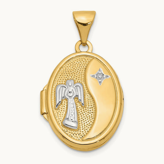 w/ White Rhodium Guardian Angel Oval Locket, 17mm, 14K Yellow Gold