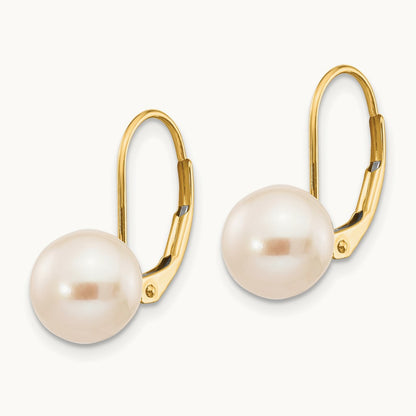 Round Freshwater Cultured Pearl Leverback Earrings — 14K Yellow Gold