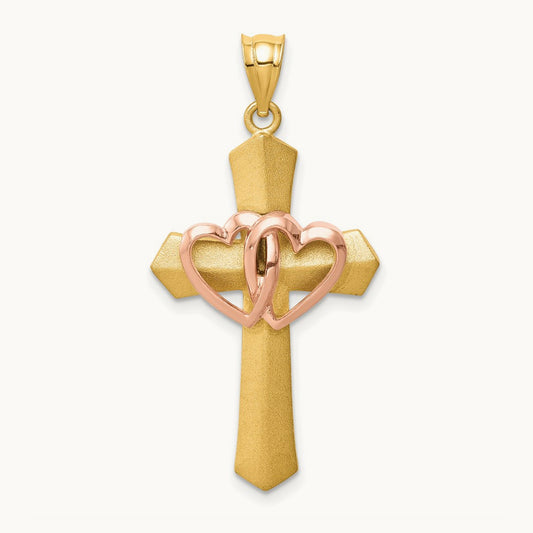 Double Heart Cross Charm, 14K Two-tone