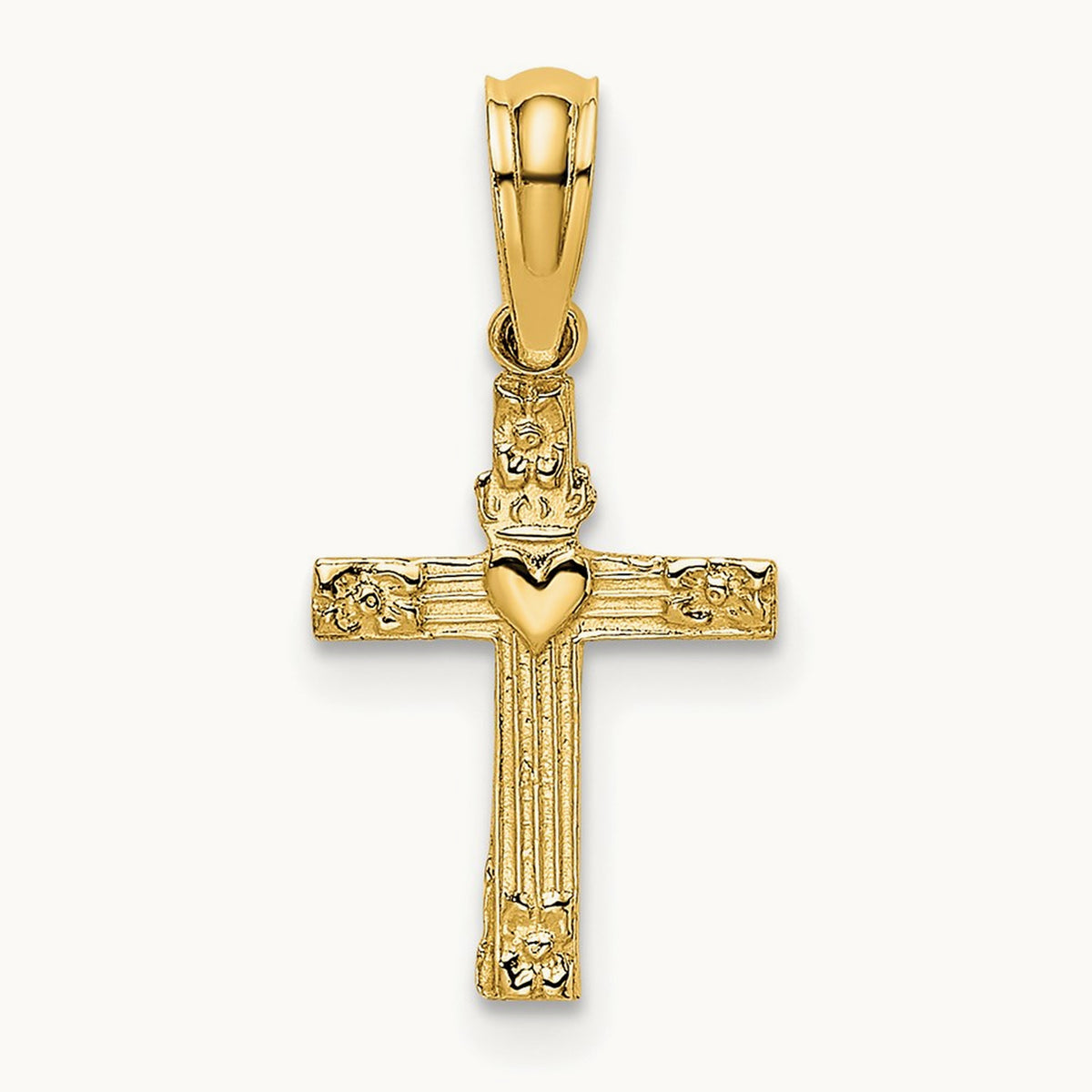 Textured Mini Cross w/ Heart Charm, 14K