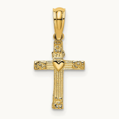 Textured Mini Cross w/ Heart Charm, 14K