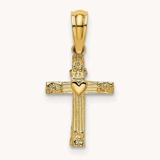Textured Mini Cross w/ Heart Charm, 14K
