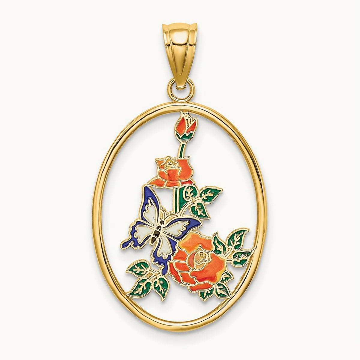Enamel White Butterfly In Oval w/ Orange Flowers Charm, 14K