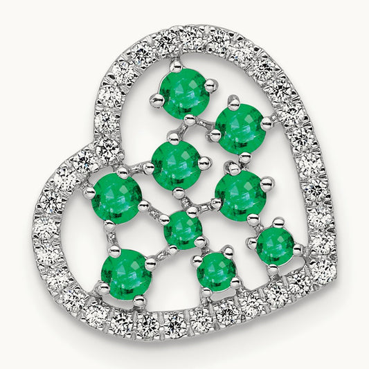 Polished Diamond and Emerald Heart Chain Slide, 14K White Gold