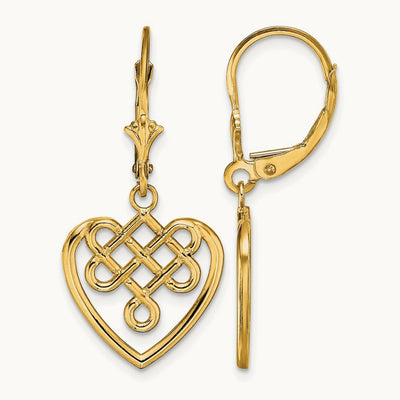 Celtic Knot Heart Leverback Earrings, 14K