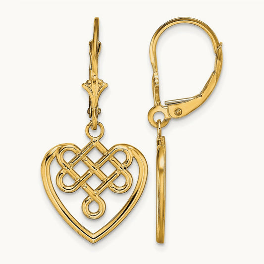 Celtic Knot Heart Leverback Earrings, 14K