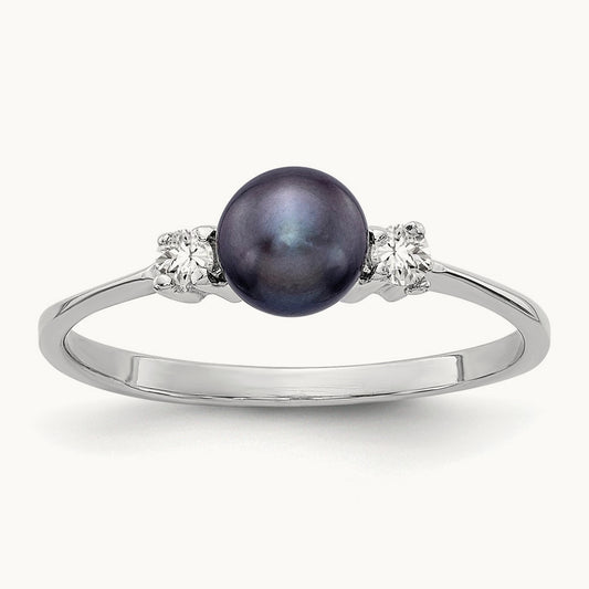 Black Freshwater Cultured Pearl Diamond Ring — 5mm