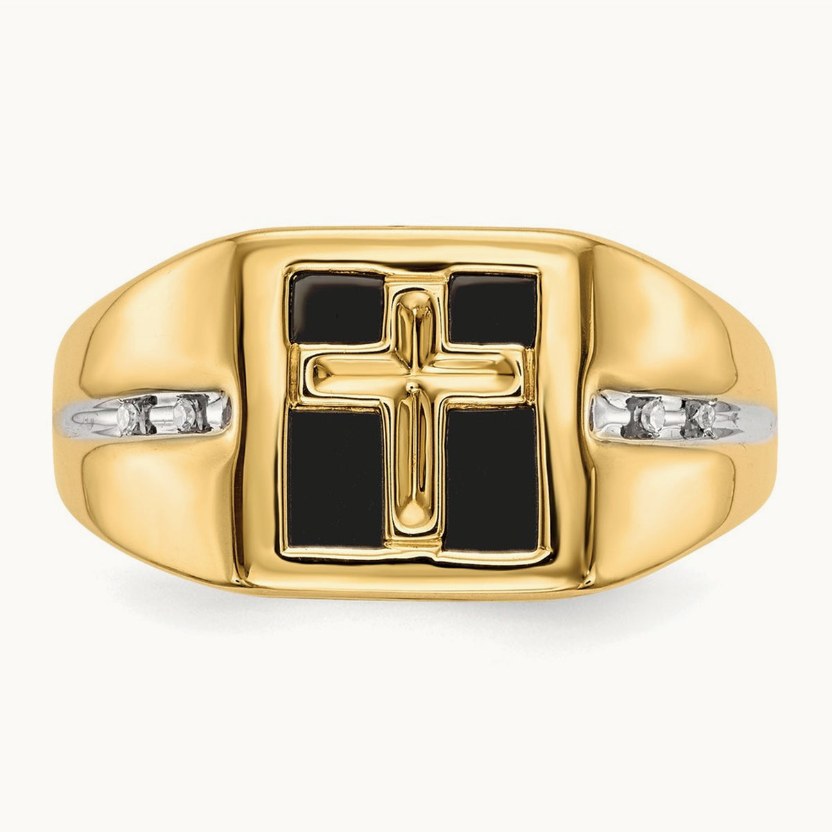 Onyx and Diamond Cross Mens Ring, 14K