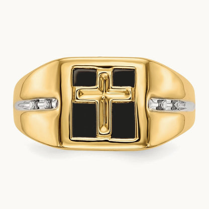 Onyx and Diamond Cross Mens Ring, 14K