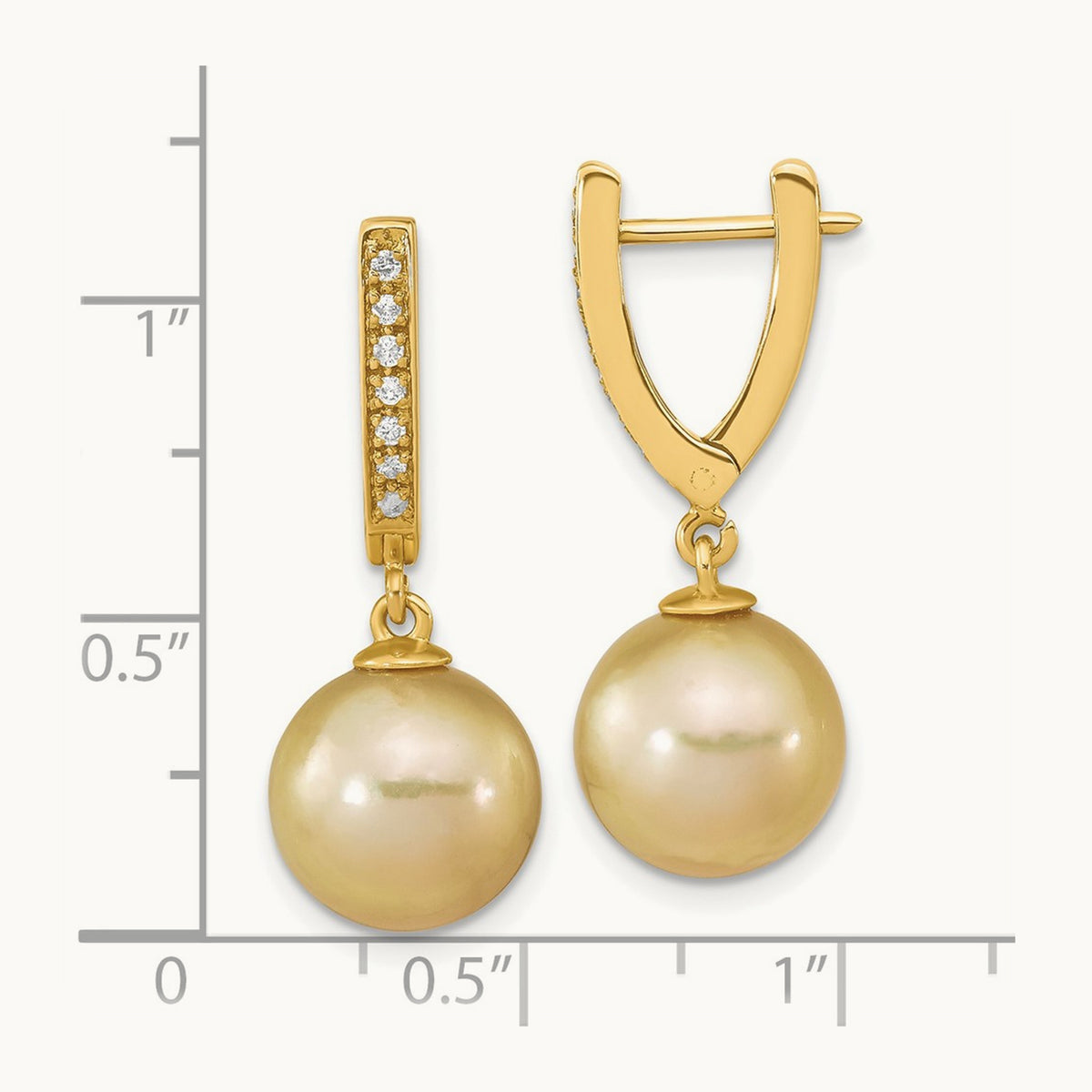 10- Round Golden Saltwater South Sea Pearl .105ct. Dia. Dangle Earr, 11mm, 14K
