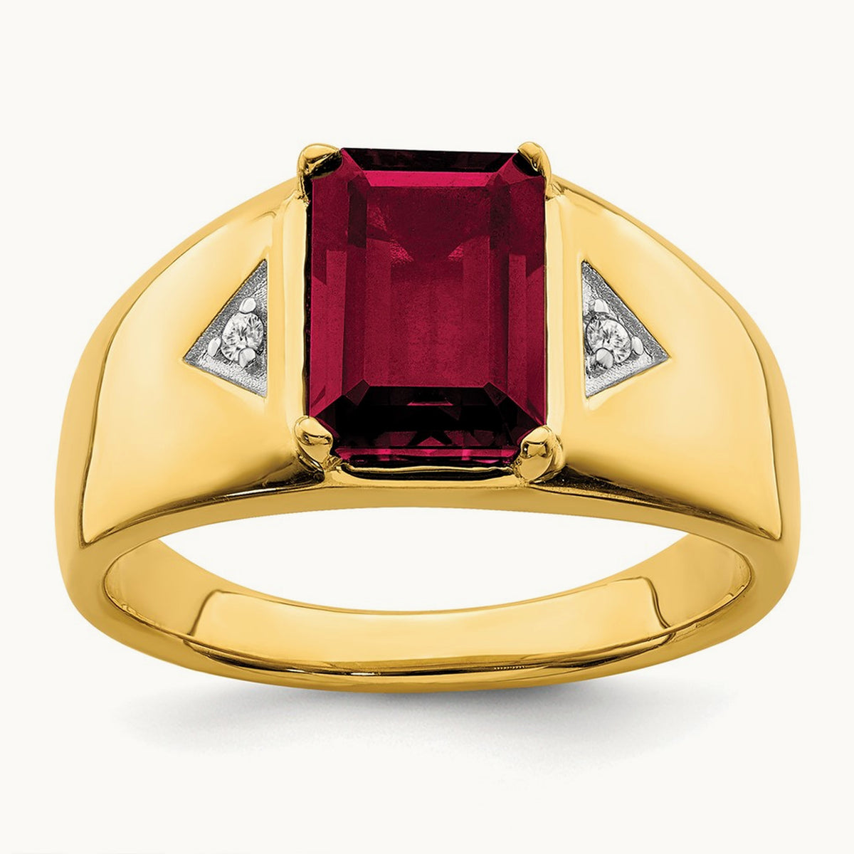 Emerald-cut Created Ruby and Diamond Polished Mens Ring, 14K