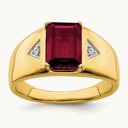 Emerald-cut Created Ruby and Diamond Polished Mens Ring, 14K
