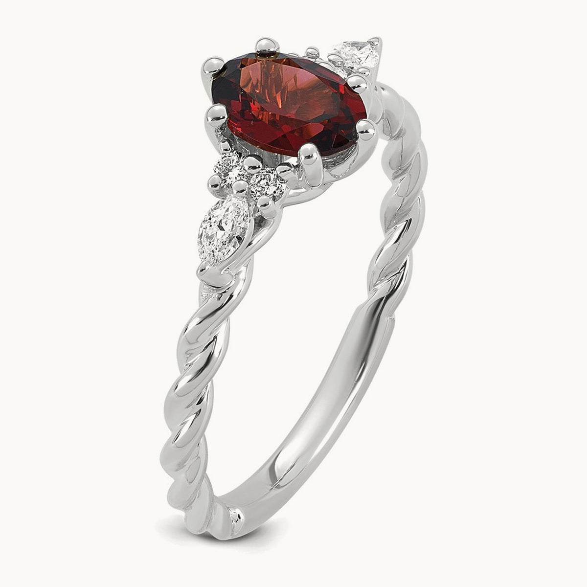 Polished Diamond and Garnet Twisted Ring, 14K White Gold