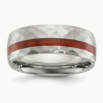 Brushed and Hammered with Wood Inlay Band, 8mm, Stainless Steel