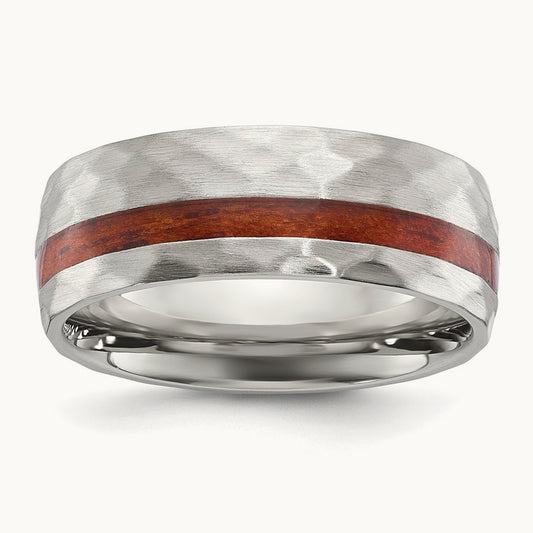 Brushed and Hammered with Wood Inlay Band, 8mm, Stainless Steel