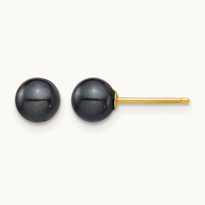 5- Round Black Saltwater Akoya Cultured Pearl Stud Post Earrings, 6mm, 14K