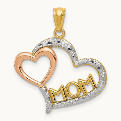 w/White Rhodium Diamond-cut MOM in Heart w/Heart Pendant, 14K Two-tone