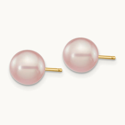 7- Purple Round Freshwater Cultured Pearl Stud Post Earrings, 8mm, 14K