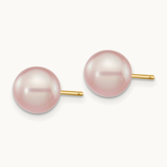 7- Purple Round Freshwater Cultured Pearl Stud Post Earrings, 8mm, 14K