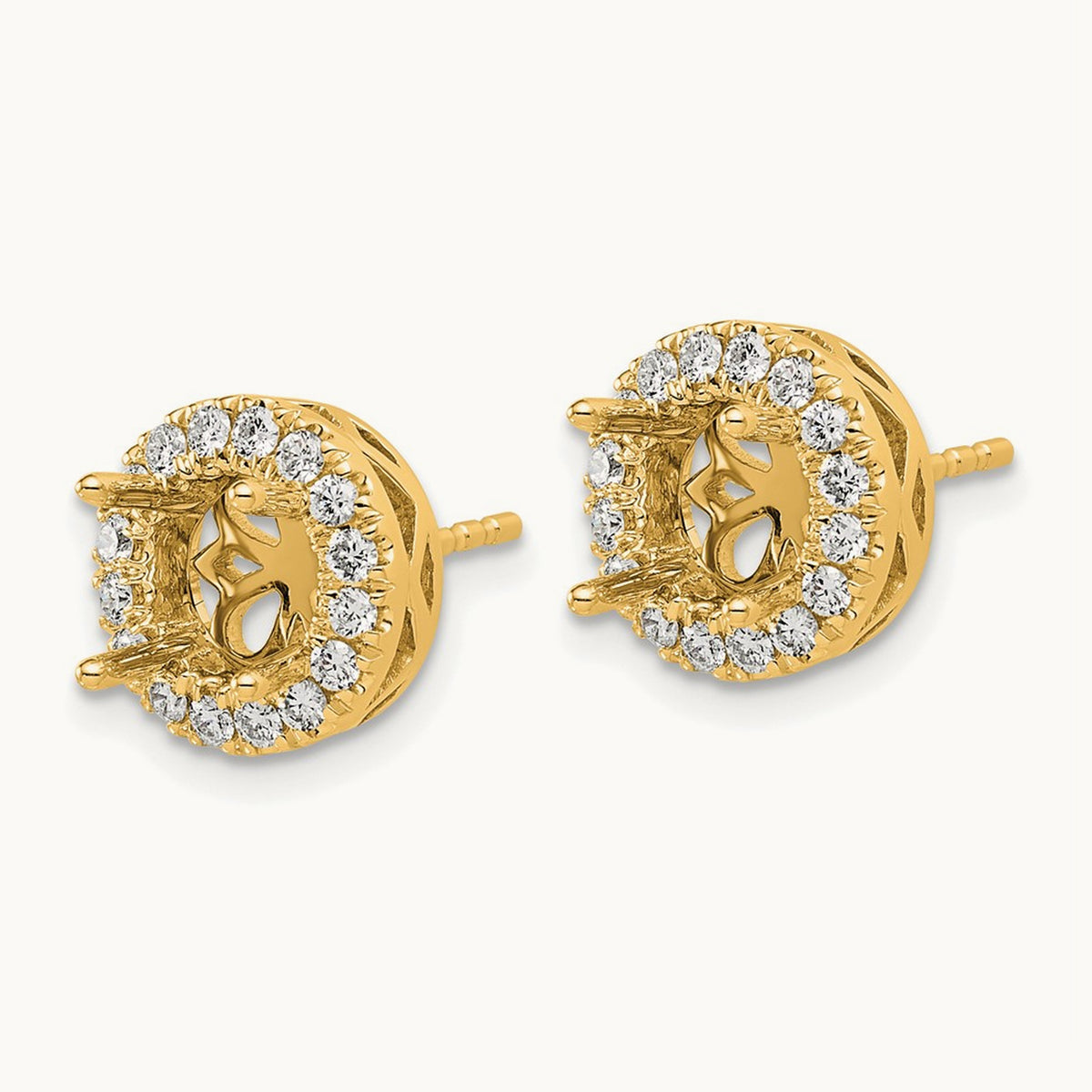 Semi-Mount Round Halo Post Earrings, 0.50 ct tw Lab-Grown Diamond — 14K Yellow Gold