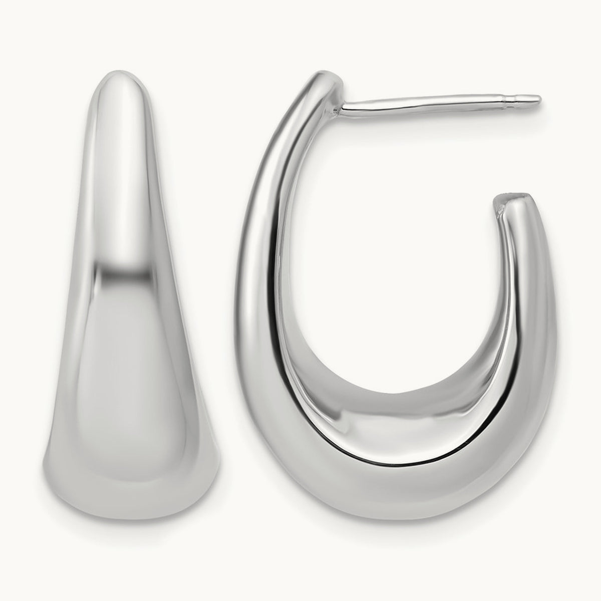 w/Wht Rhodium Plating Polished Hollow J-Hoop Post Earrings, 14K — Leslie's