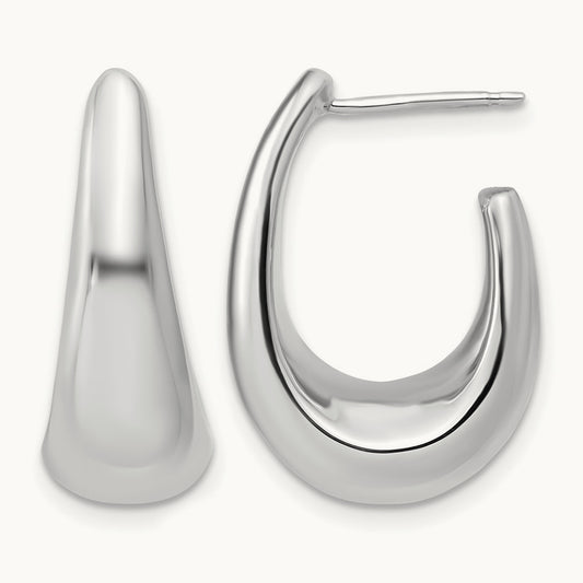 w/Wht Rhodium Plating Polished Hollow J-Hoop Post Earrings, 14K — Leslie's