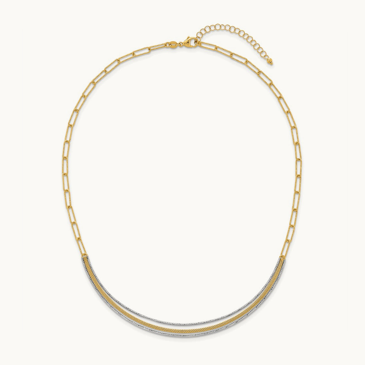 Textured Long Link w/2 inch ext Woven Smile Bar Necklace, 14K Two-tone