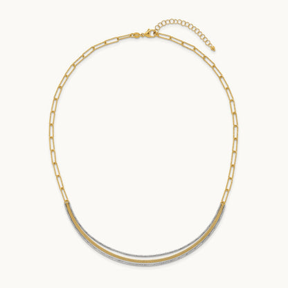 Textured Long Link w/2 inch ext Woven Smile Bar Necklace, 14K Two-tone