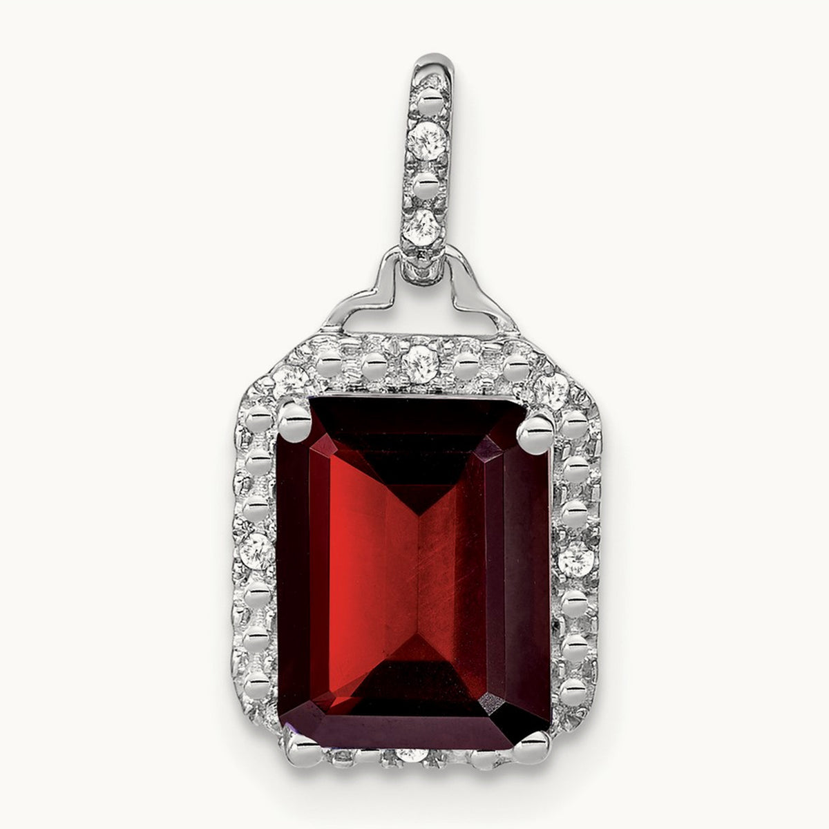Emerald-cut Garnet and Diamond Halo Pendant, 14K White Gold