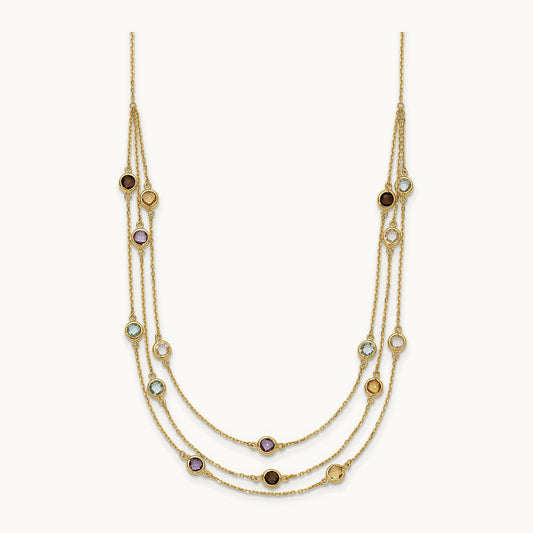 Smoky Quartz White Quartz/BT/CI/AM 3-strand 17in Necklace, 14K
