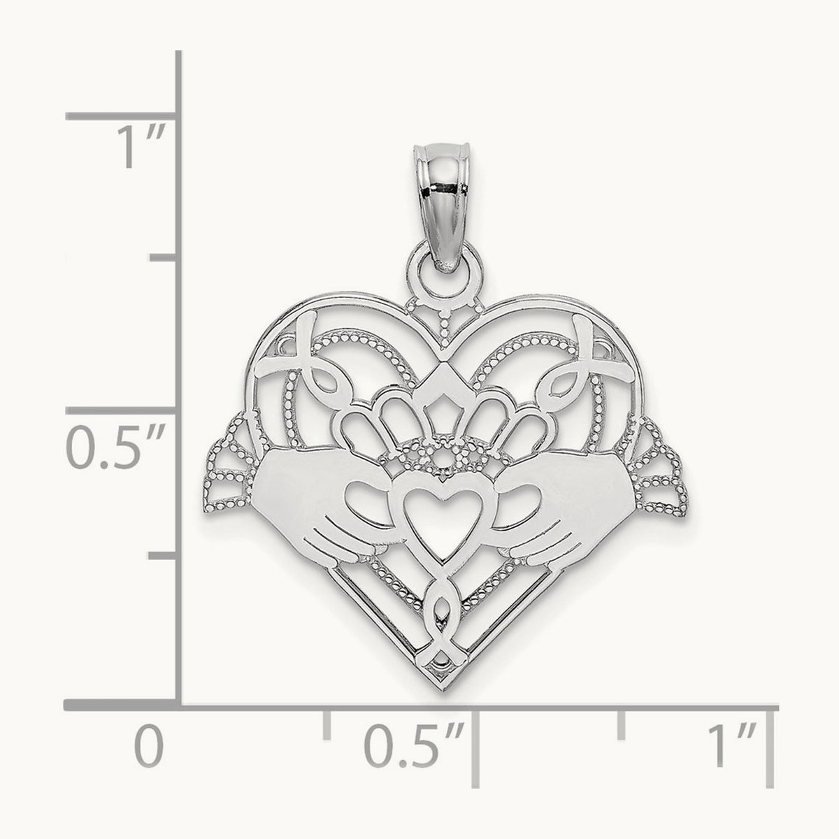 Polished and Beaded Claddagh In Heart Charm — 14K White Gold