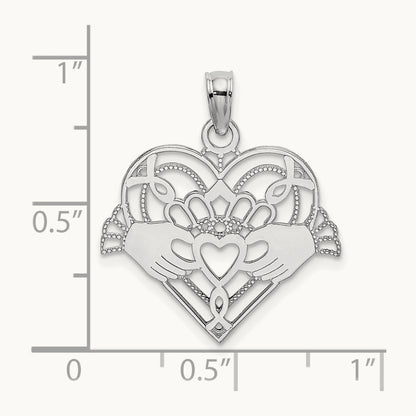 Polished and Beaded Claddagh In Heart Charm — 14K White Gold
