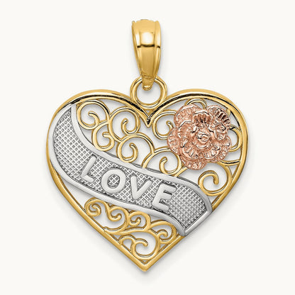 LOVE Banner on Filigree Heart Charm, 14K Two-tone with White Rhodium