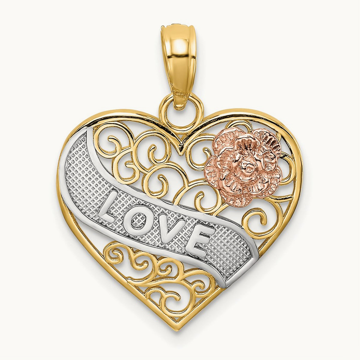 LOVE Banner on Filigree Heart Charm, 14K Two-tone with White Rhodium