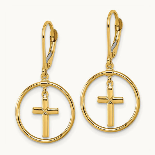 Polished Cross Leverback Dangle Earrings, 14K