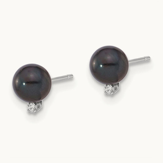 5- Blk Saltwater Akoya Pearl .02ct Dia Post Earrings, 6mm, 14K White Gold