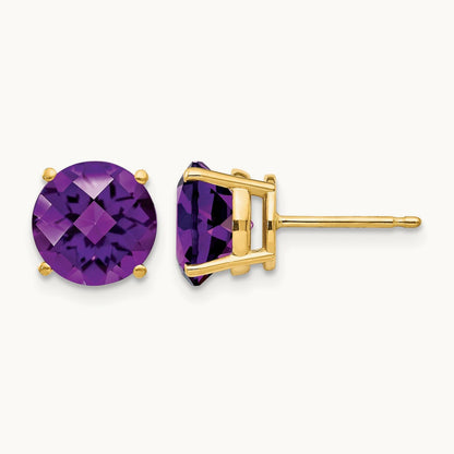 Amethyst Checker Post Earrings, 8mm, 14K