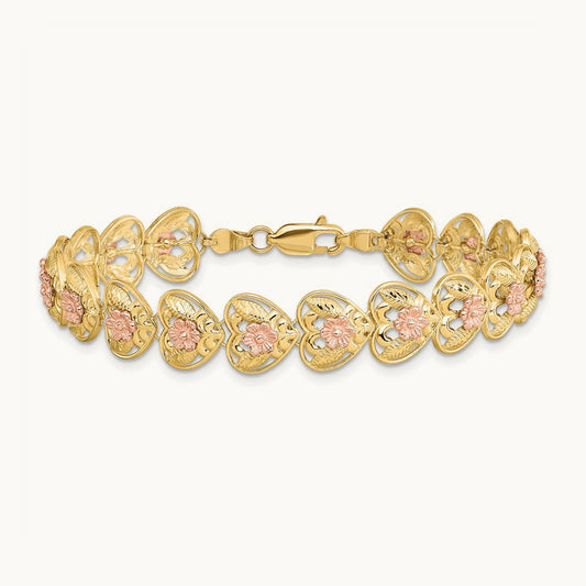 D/C Heart w/Flowers 7.25in Bracelet, 14K Two-tone
