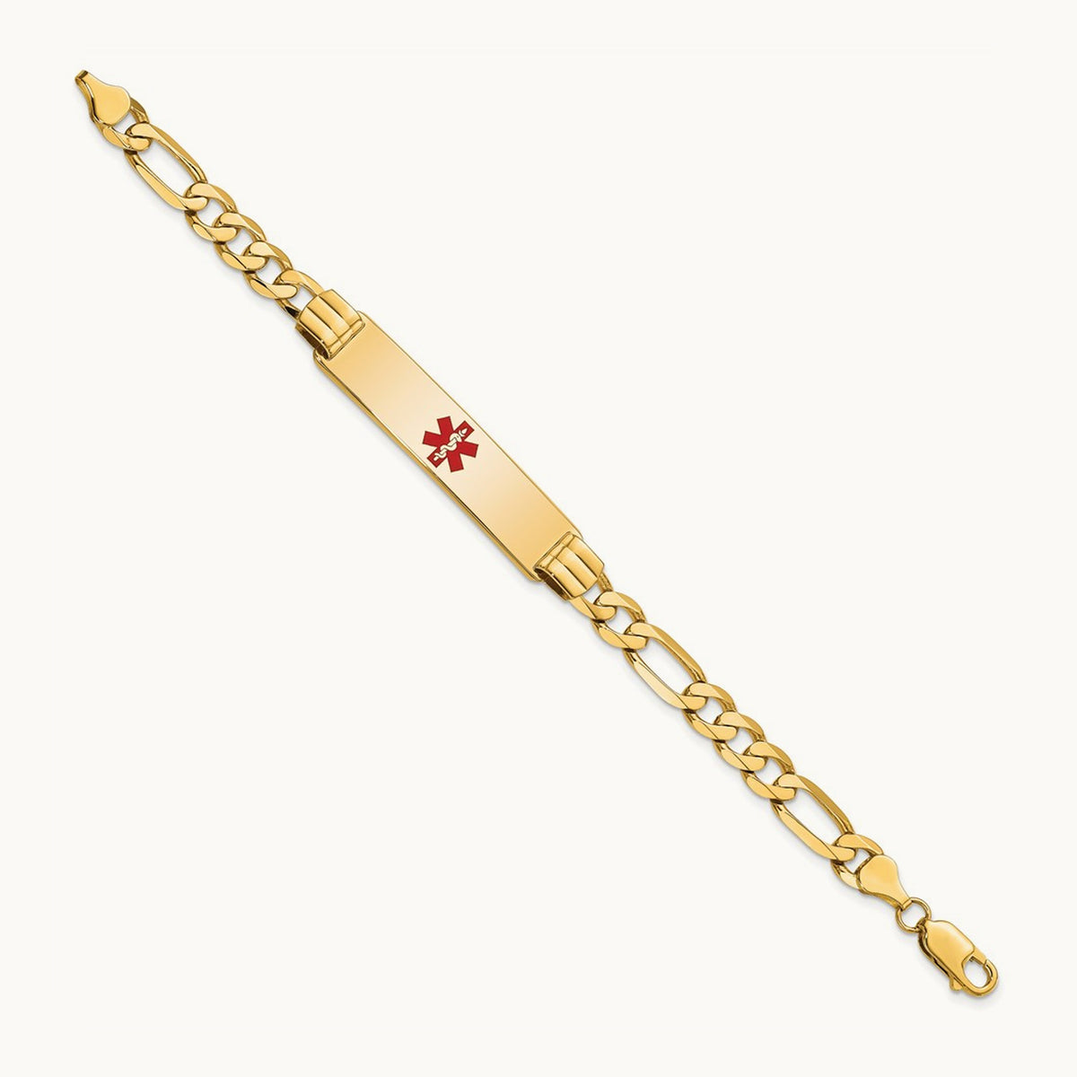 Medical Red Enamel Flat Figaro Link ID Bracelet, 14K
