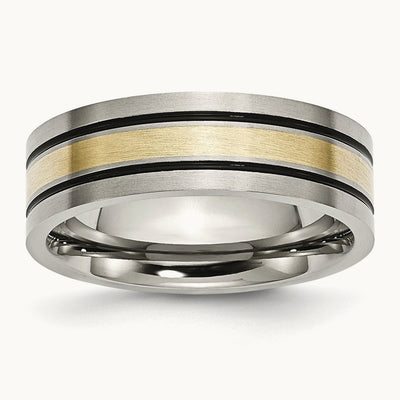 Antiqued and Brushed w/14k Yellow Inlay Flat Band, 7mm, Titanium