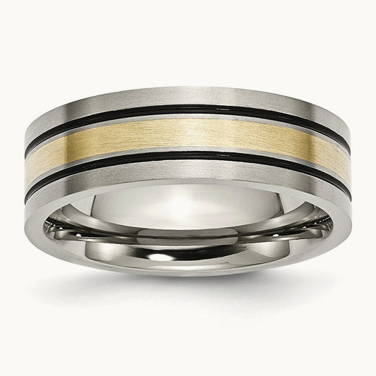 Antiqued and Brushed w/14k Yellow Inlay Flat Band, 7mm, Titanium