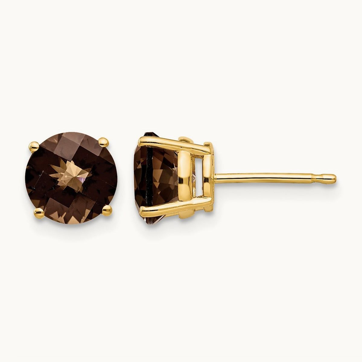 Round Checker-Cut Smoky Quartz Earrings, 7mm, 14K