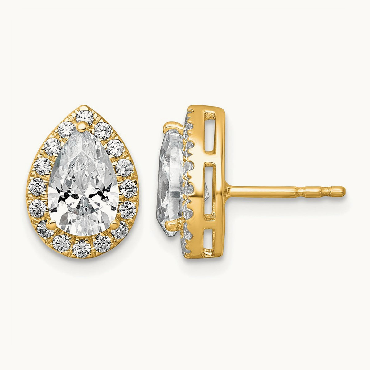 Pear Halo Post Earrings, 1.25-6.75 ct tw Lab-Grown Diamond — 2 3/8 ct, VS (Best), 14K Yellow Gold