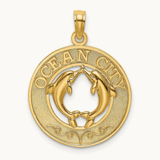 OCEAN CITY w/ Dolphins Charm, 14K
