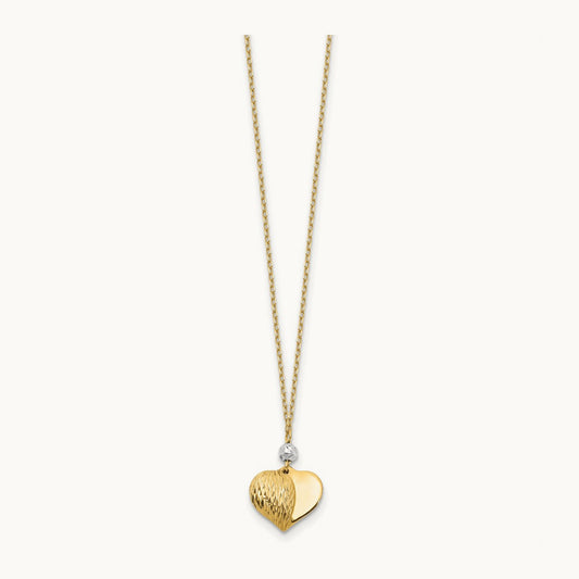 Polished & D/C Puffed Heart 18 inch Necklace, 14K Two Tone