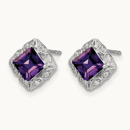 Square Amethyst and Diamond Earrings, 14K White Gold