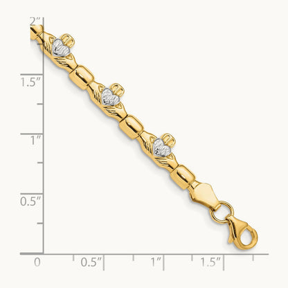 w/ Rhodium D/C Claddagh Polished Link Bracelet, 14K