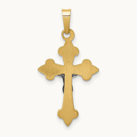 Polished Fleur de Lis INRI Crucifix Pendant, 14K Two-tone