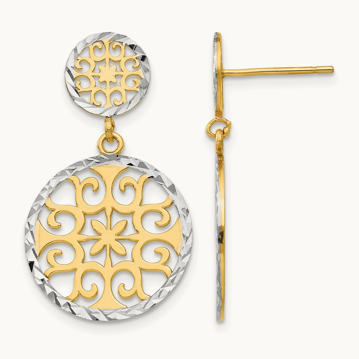 & Rhodium D/C Circles Dangle Post Earrings, 14K