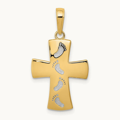 w/Rhodium Footprints Cross Pendant, 14K